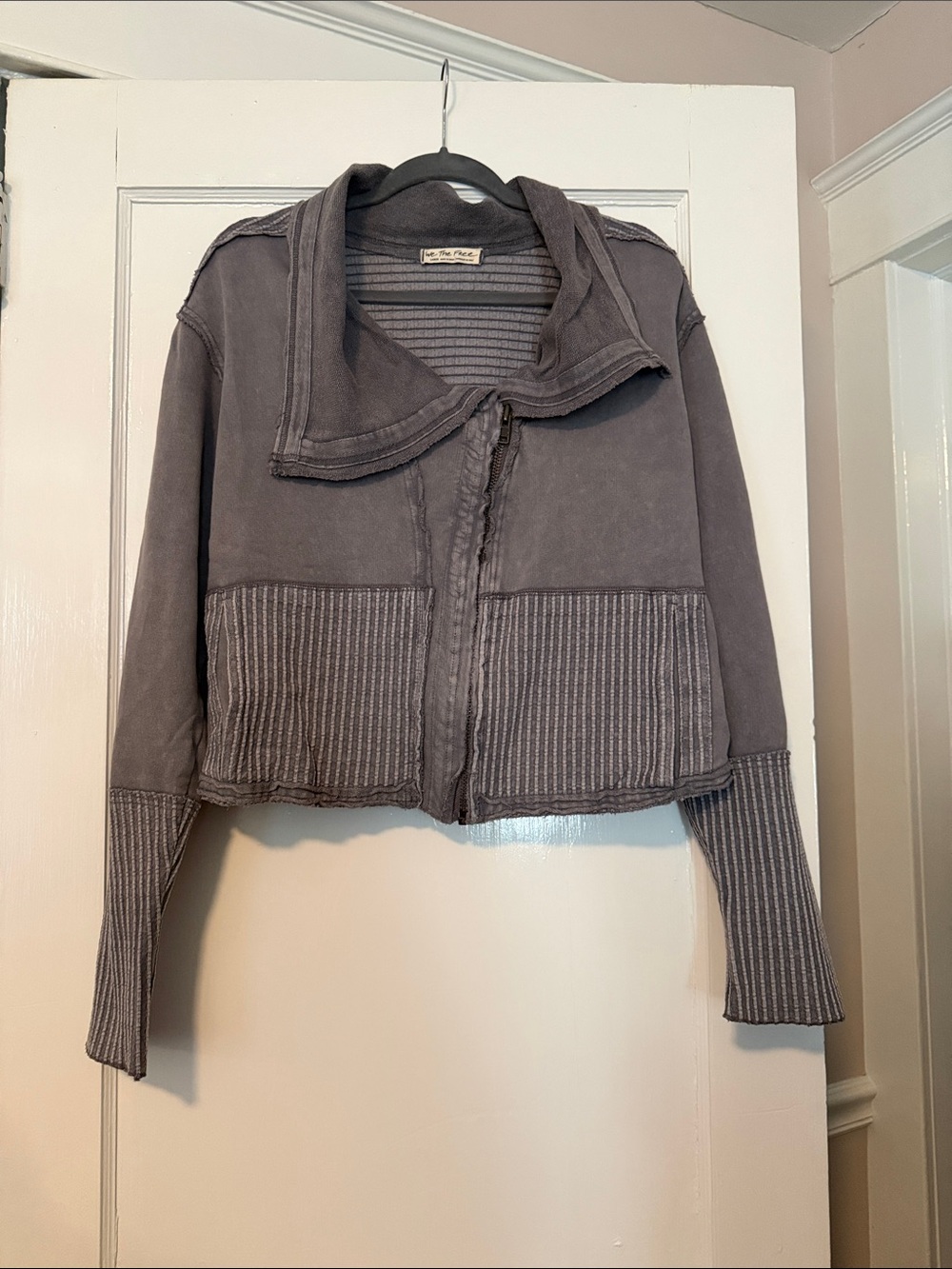 Free People Washed Gray Cropped Bomber Jacket